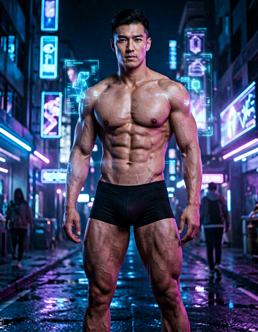 A handsome masculine man standing in a neon-lit cyberpunk cityscape with hologra