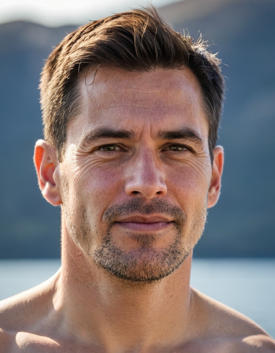 A handsome white man in his thirties with short dark brown hair featuring lighter highlights at the crown stands shirtless against a blurred blue background suggesting water or sky. He has defined collarbones and broad shoulders, gazing directly at the camera with a neutral to slight smile. The lighting is bright natural sunlight creating high contrast on his light tan skin while maintaining a shallow depth of field that isolates him from the outdoors setting. This vertical portrait captures an upper chest close-up centered in frame, embodying confident clean masculine aesthetics typical of fine-art editorial photography., shot on iPhone 15 Pro main camera, authentic smartphone computational photography, natural Smart HDR and true-to-life skin texture, vertical 9:16 Xiaohongshu lifestyle feed, bright clean everyday scene, unretouched phone photo with subtle sensor grain, trendy Chinese internet 网红 aesthetic, candid influencer energy
