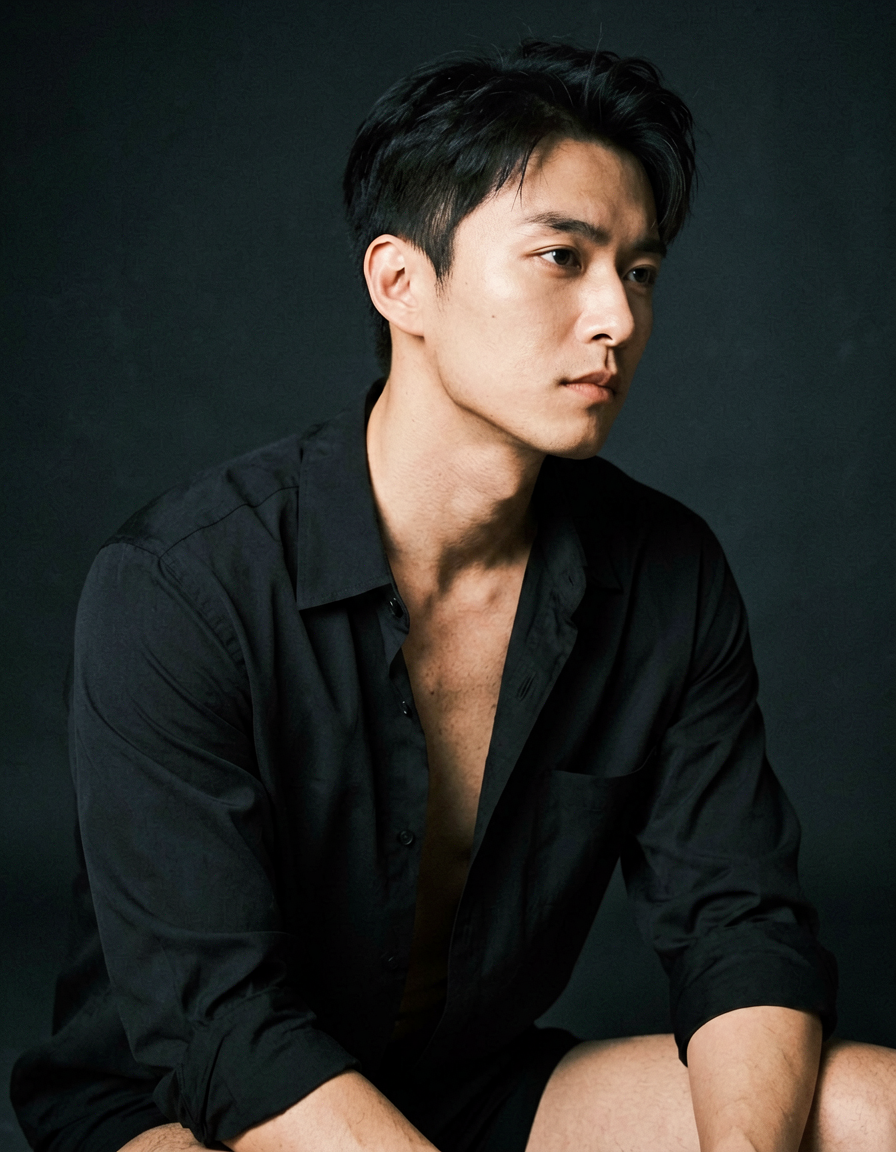 A handsome Asian man with a lean build sits leaning forward in left-center foreground, head turned slightly right. He wears an open black button-up shirt exposing his neck and upper chest against a dark studio backdrop. Dramatic side lighting creates high contrast highlights on his face and skin tones while maintaining shallow depth of field. The composition captures the subject from chest up with moody editorial atmosphere
