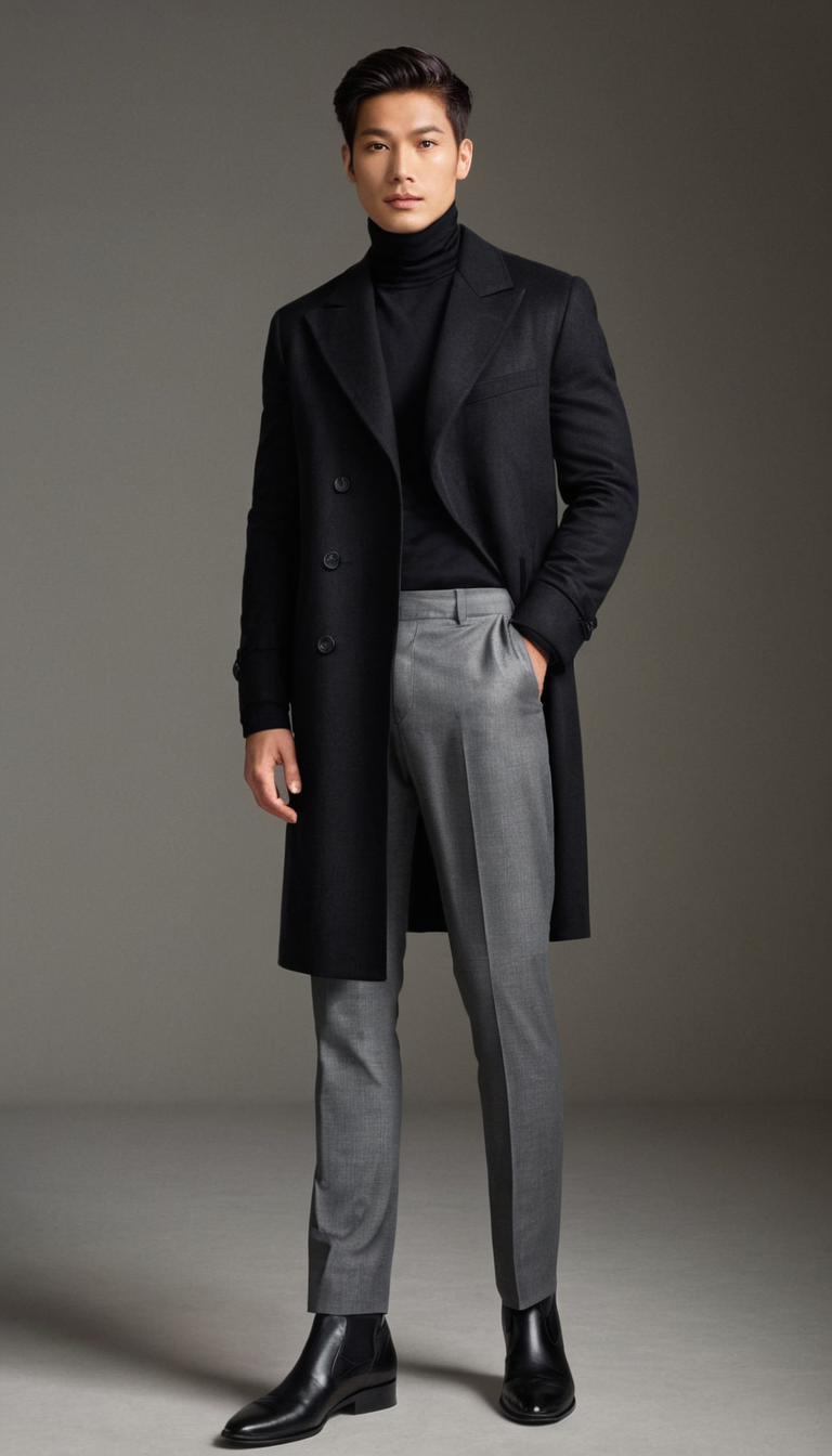 A Thai man with smooth tan skin and gentle eyes poses in a slender an anonymous figure physique, standing confidently against the neutral gray background of Florence's modern studio space. Soft yet dramatic lighting highlights his muscular form without harsh shadows, creating a romantic atmosphere. He wears black boots and gray pants tied at the waist, emphasizing his toned build in a photoreal editorial photograph capturing masculine fine-art aesthetics.. Scene and lighting from reference: The art medium of this image appears to be photoreal photography. The subject has short, tousled hair and a fair complexion with subtle blush on his cheeks. His expression is neutral, with slightly parted lips, giving him an air of quiet confidence. He is wearing a dark gray overcoat that drapes loosely around his shoulders, paired with what seems to be a black turtleneck underneath. The subject's body type appears athletic and well-proportioned,, 人种: Asian; 画幅比例: 14:25 aspect ratio, vertical portrait orientation, 768x1344 canvas; 衣着: dark gray overcoat with pockets