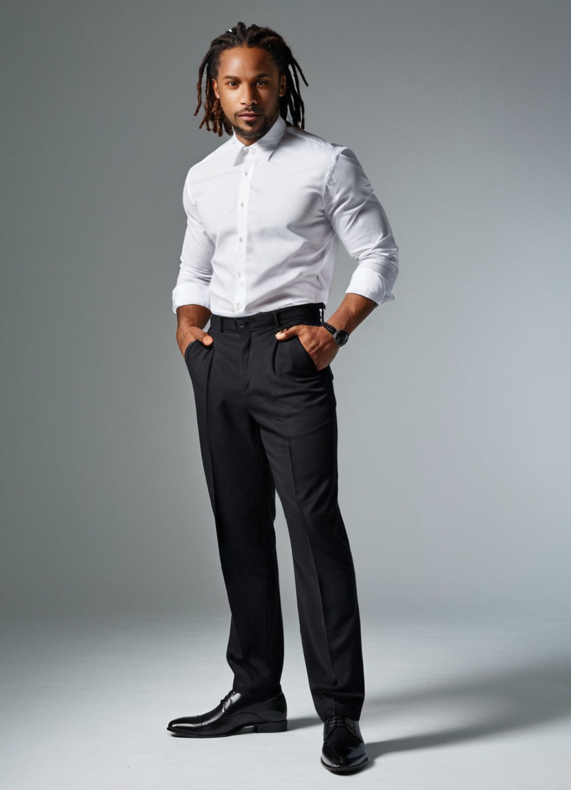 A handsome African man with medium skin, dreadlocks, dark eyes, no glasses or beard, standing confidently against a plain background in a sleek modern studio. He wears a crisp white button-up shirt tucked into high-waisted black trousers and polished black dress shoes. The lighting is dramatic, casting deep shadows that accentuate his athletic build and defined muscles. The monochromatic palette with neon accents creates a cyberpunk atmosphere, emphasizing the model's dynamic pose and intense gaze.. Scene and lighting from reference: The reference image showcases a full-body shot of a handsome masculine subject in a studio setting. The subject has an athletic build and is wearing a crisp white shirt tucked into high-waisted black trousers paired with polished black shoes. His pose is dynamic, with one arm bent at the elbow and hand resting on his hip while the other arm is slightly raised, creating a sense of movement and confidence. The lighting is dramatic, casting strong s