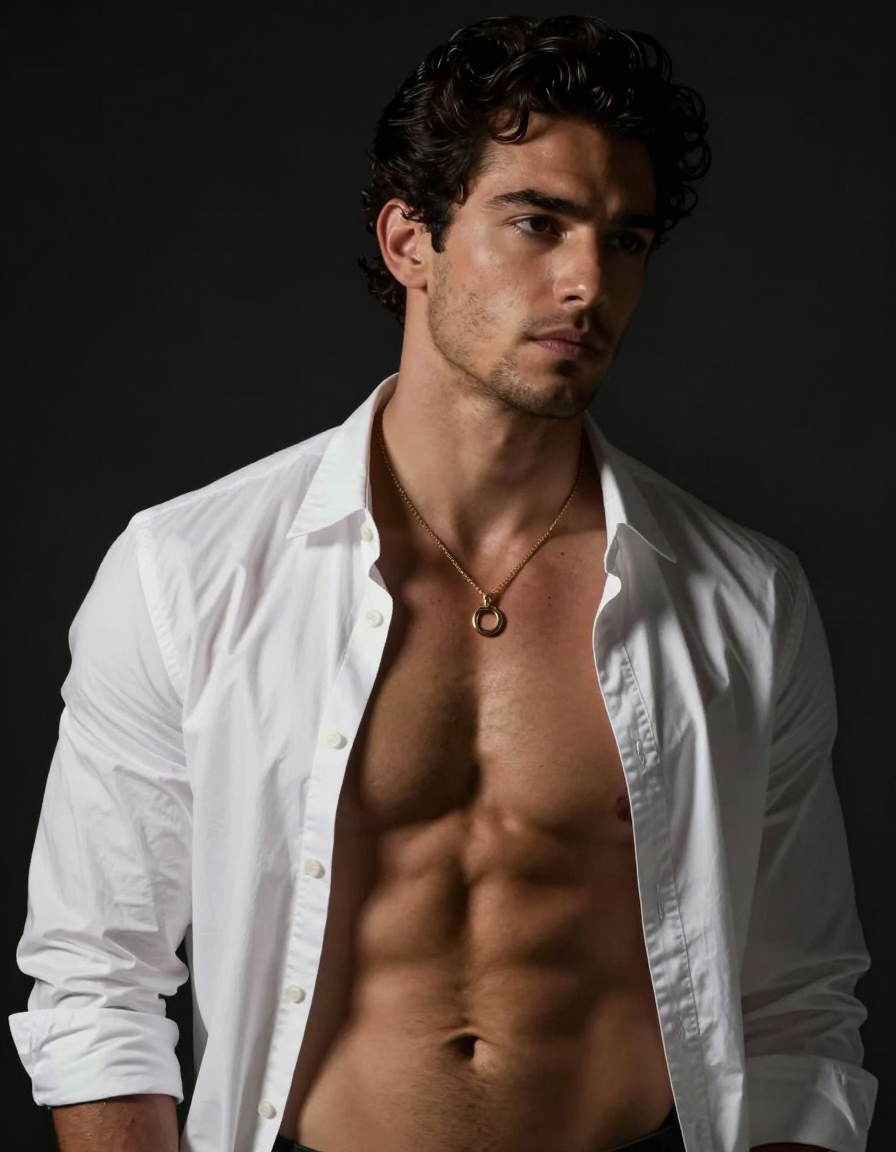 A handsome adult man with medium-dark skin and dark curly short hair stands against a deep black studio background. He wears an open white button-down shirt revealing his chest and abdomen, accented by a gold chain necklace with a round pendant. His broad shoulders and defined pectorals are highlighted by dramatic low-key lighting with a sharp rim light tracing his hairline. The composition is a vertical portrait capturing the upper torso angled slightly right while he turns his head left to gaze seriously off-camera. High contrast photography with shallow depth of field creates an intense, moody, and sensual fine-art atmosphere., a single uninterrupted photograph only, no written words or typography anywhere in frame, no captions, no app UI, no social-media post layout, no screenshot borders