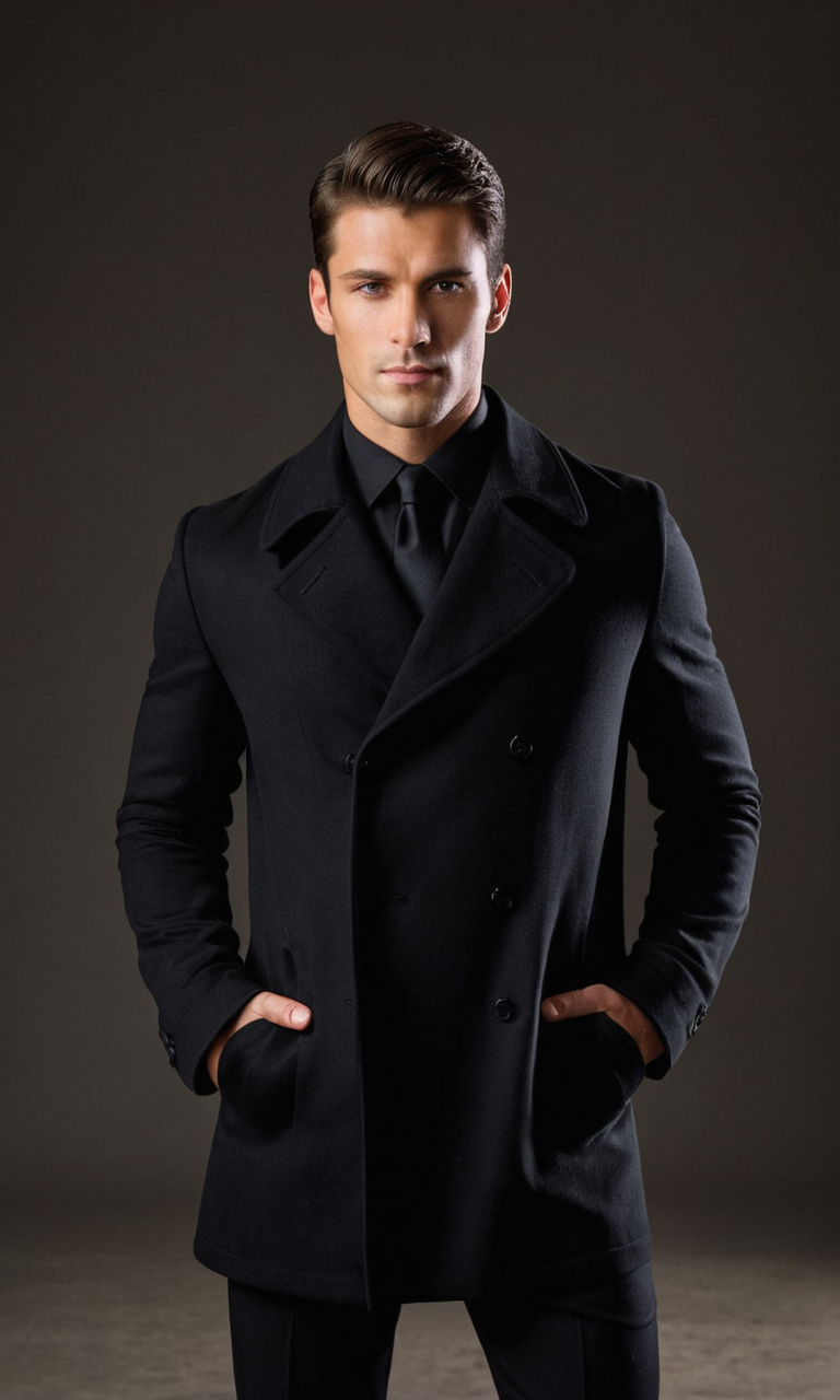 A handsome muscular man standing confidently on a runway in a full-body pose, dressed in black formal attire with subtle highlights. The scene is set in a dimly lit fashion studio with dark backgrounds and spectators seated around the edges, observing him intently. Soft dramatic lighting emphasizes his sharp features and athletic physique, creating an introspective yet confident mood through rich tones of black and brown against shadows.. Scene and lighting from reference: The art medium of this image is photoreal photography. The subject is a handsome male model with a masculine physique and an athletic build. He has short, dark hair styled upwards and is wearing a black double-breasted coat over a matching black shirt and pants. His pose is confident; he stands with his hands in the pockets of his coat, looking directly at the camera. The background is plain and neutral, likely gray or off-white, which helps to k, alternate angle, refined composition, cohesive color grading