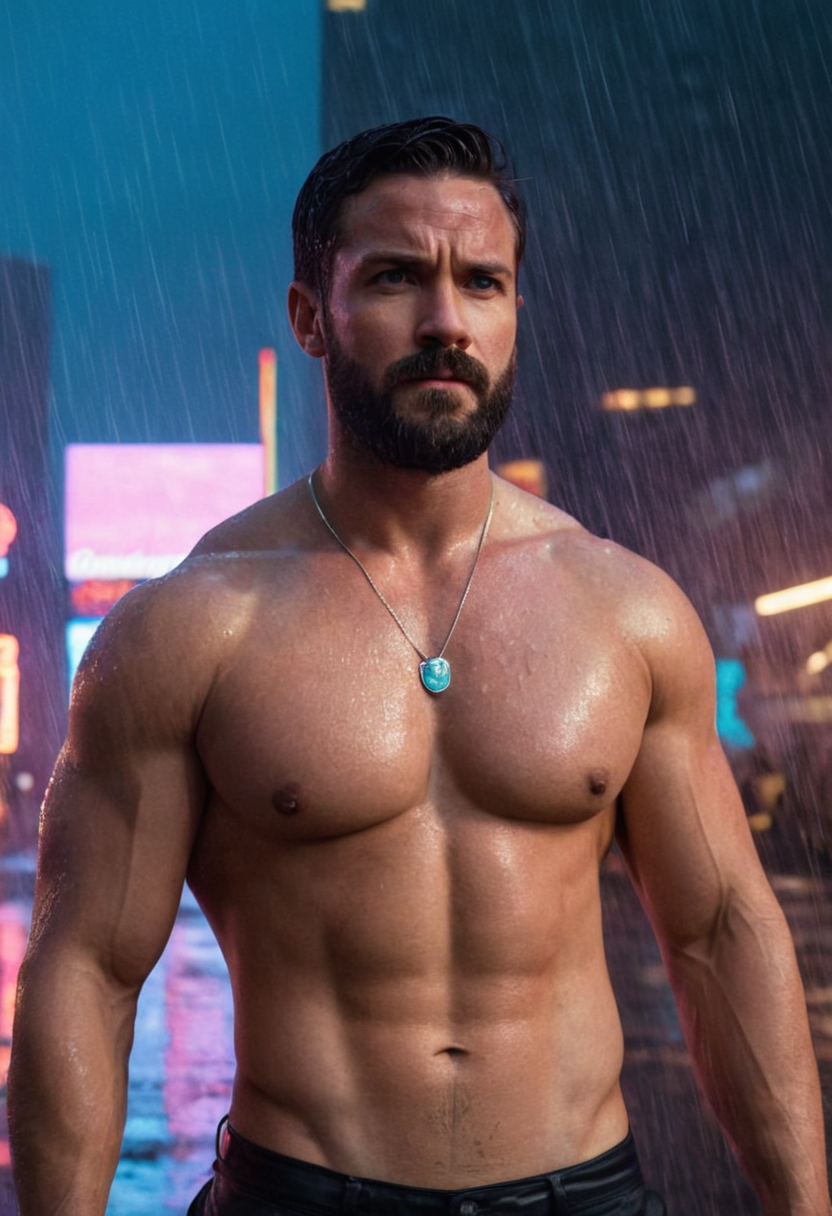 A muscular man with short dark hair, a beard, and serious expression stands conf