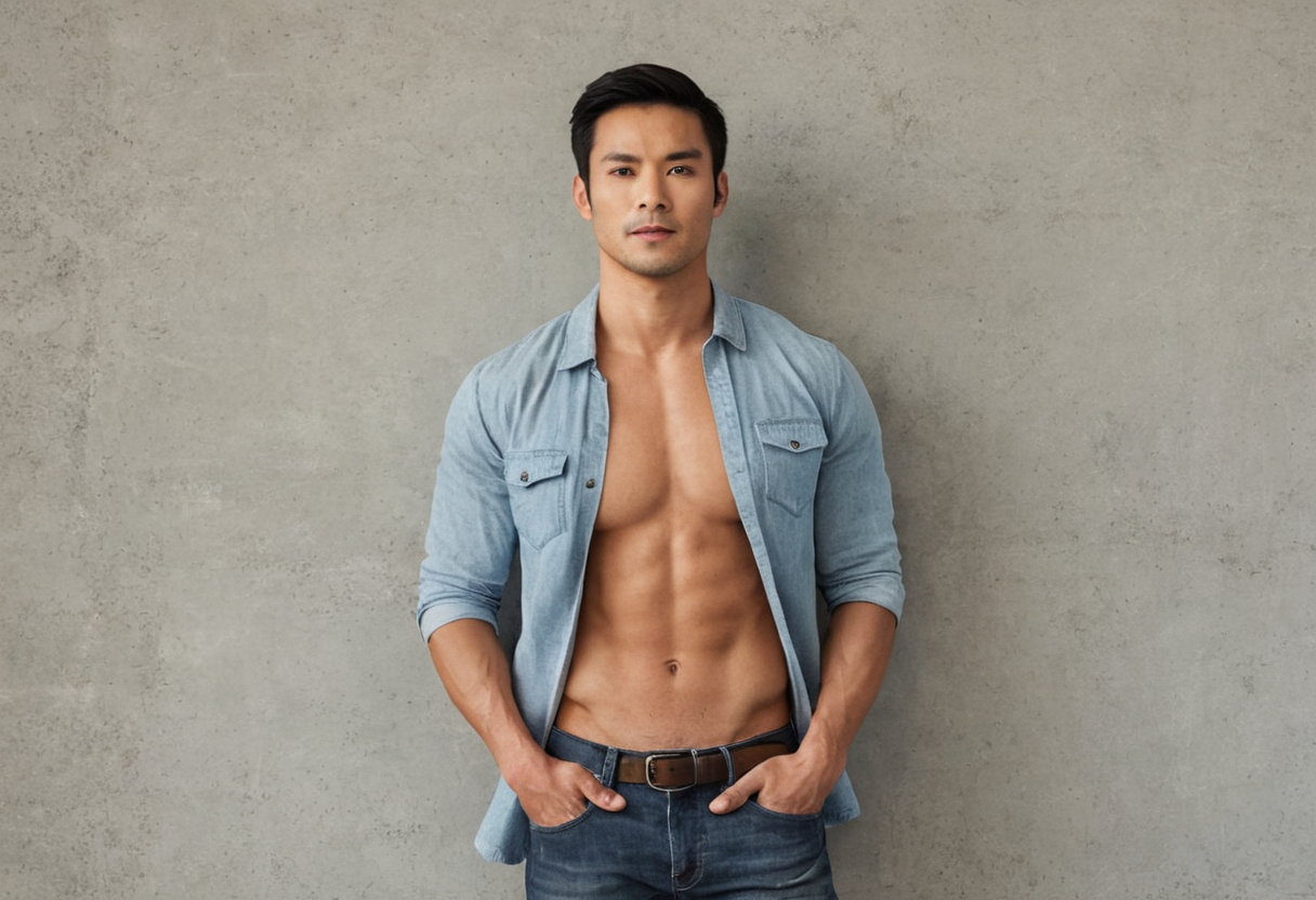 A handsome Asian man with short black hair and brown eyes, standing straight aga