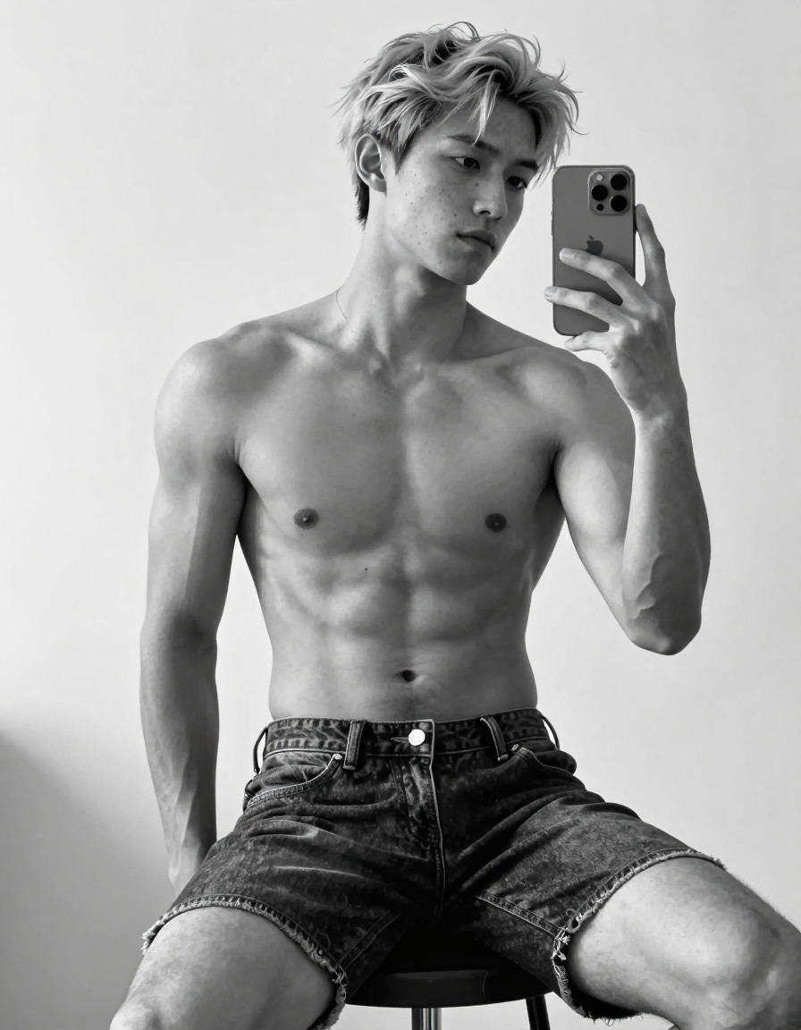 A an anonymous figure man with light freckled skin and dirty blond hair stands in contrapposto pose against a neutral white background. He has a tall, lanky runner frame, with his torso slightly turned towards the camera, emphasizing broad shoulders and lean muscles. The lighting from above creates deep shadows that highlight his defined abs and muscular thighs through dark blue jeans. Tack-sharp focus throughout the image highlights the athletic build of this lanky runner man. Photorealistic black and white portrait with dramatic lighting