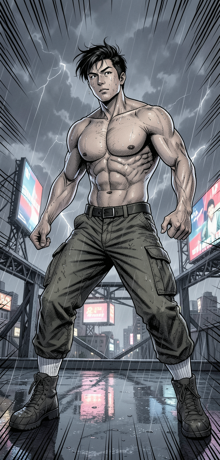 A full-body manga illustration of a handsome muscular Asian man in dynamic mid-b