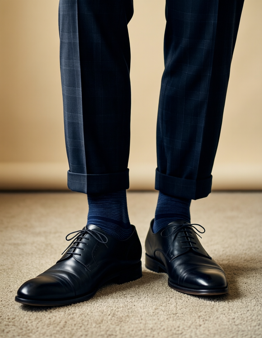 High-angle sensual close-up of a confident adult man's lower legs and feet stand