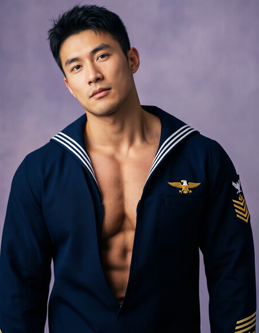 A handsome masculine man standing straight with his head slightly tilted forward