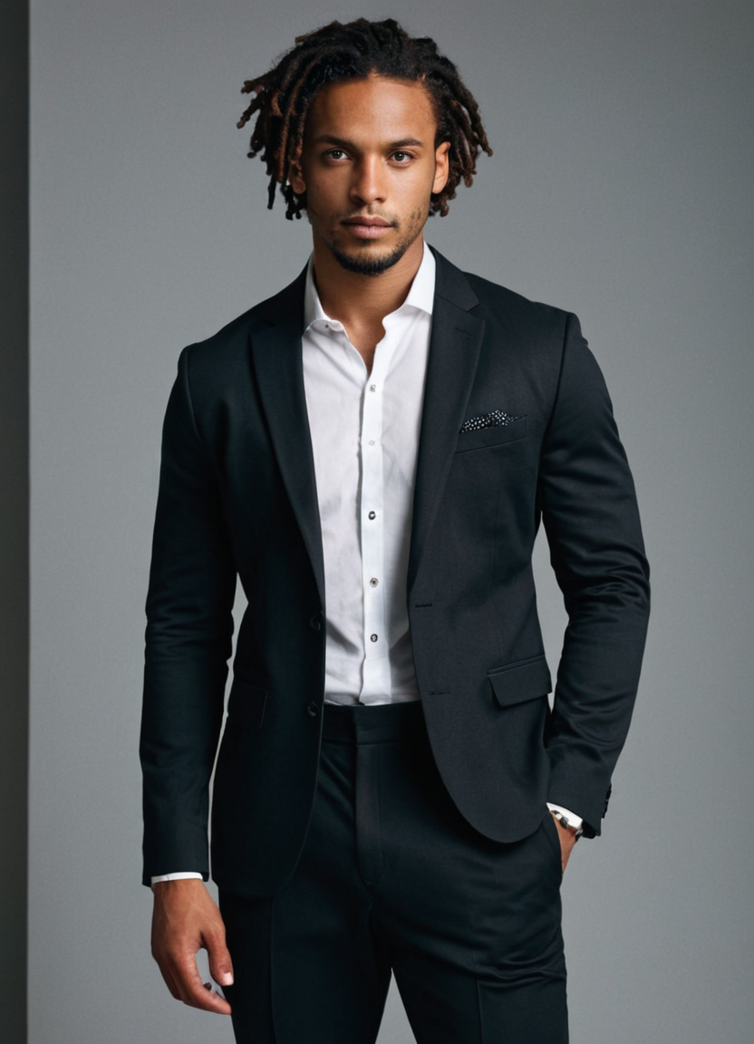 A young adult African man with medium skin, dreadlocks, dark eyes, no glasses or beard, standing confidently against a plain background in a sleek modern studio. He wears a crisp white button-up shirt tucked into high-waisted black trousers and polished black dress shoes. The lighting is dramatic, casting deep shadows that accentuate his athletic build and defined muscles. The monochromatic palette with neon accents creates a cyberpunk atmosphere, emphasizing the model's dynamic pose and intense gaze.. Scene and lighting from reference: The reference image showcases a full-body shot of a handsome masculine subject with curly hair and an athletic build. The subject is wearing a dark gray blazer that is partially unbuttoned, revealing his chest and part of his abdomen. He has one hand on his face and the other resting on his hip, creating a confident and sensual pose. The lighting in the image is dramatic, casting shadows across the subject's body to emphasize muscle definition an, alternate camera angle, natural ambient light, candid editorial framing
