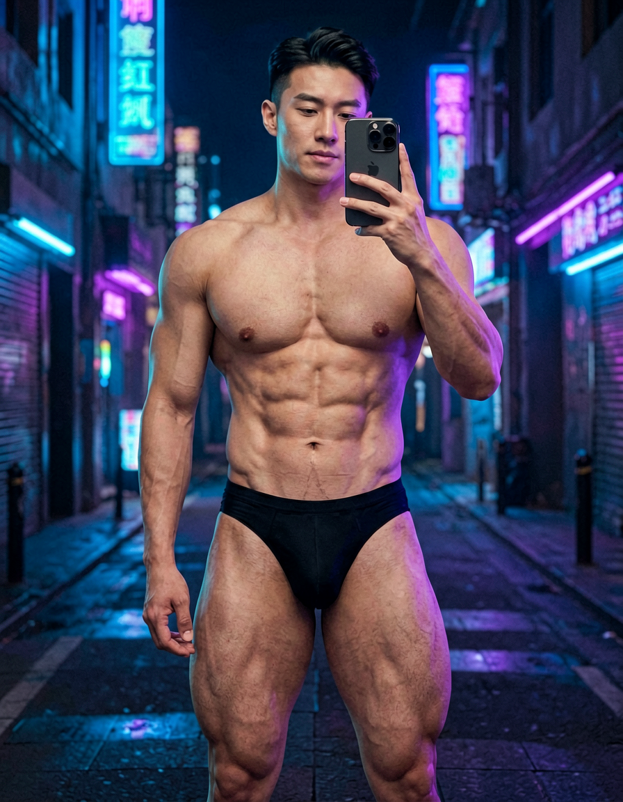 A handsome masculine man standing in a neon-lit cyberpunk cityscape with hologra