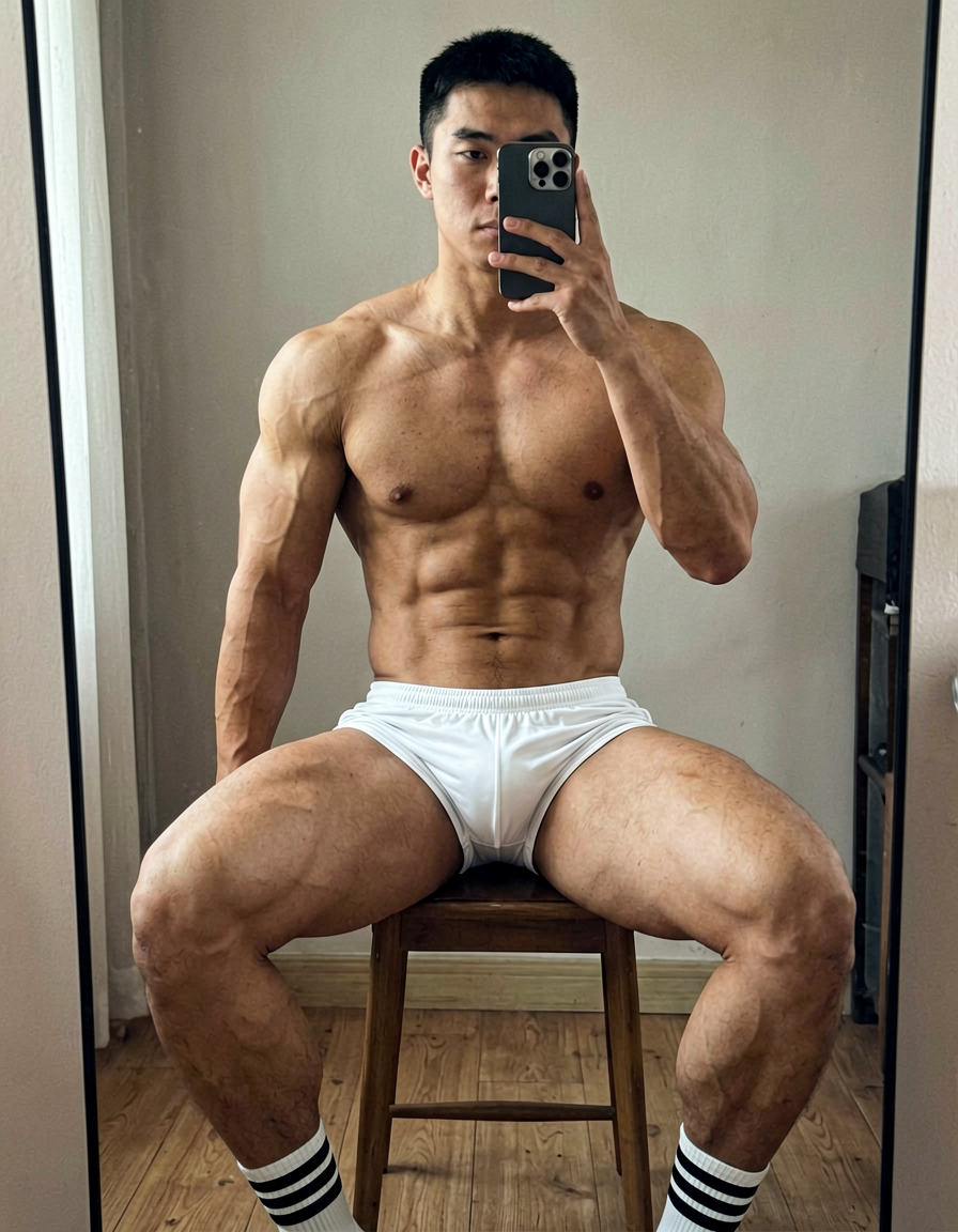 A handsome Asian man seated on a stool in front of a mirror, shirtless with whit