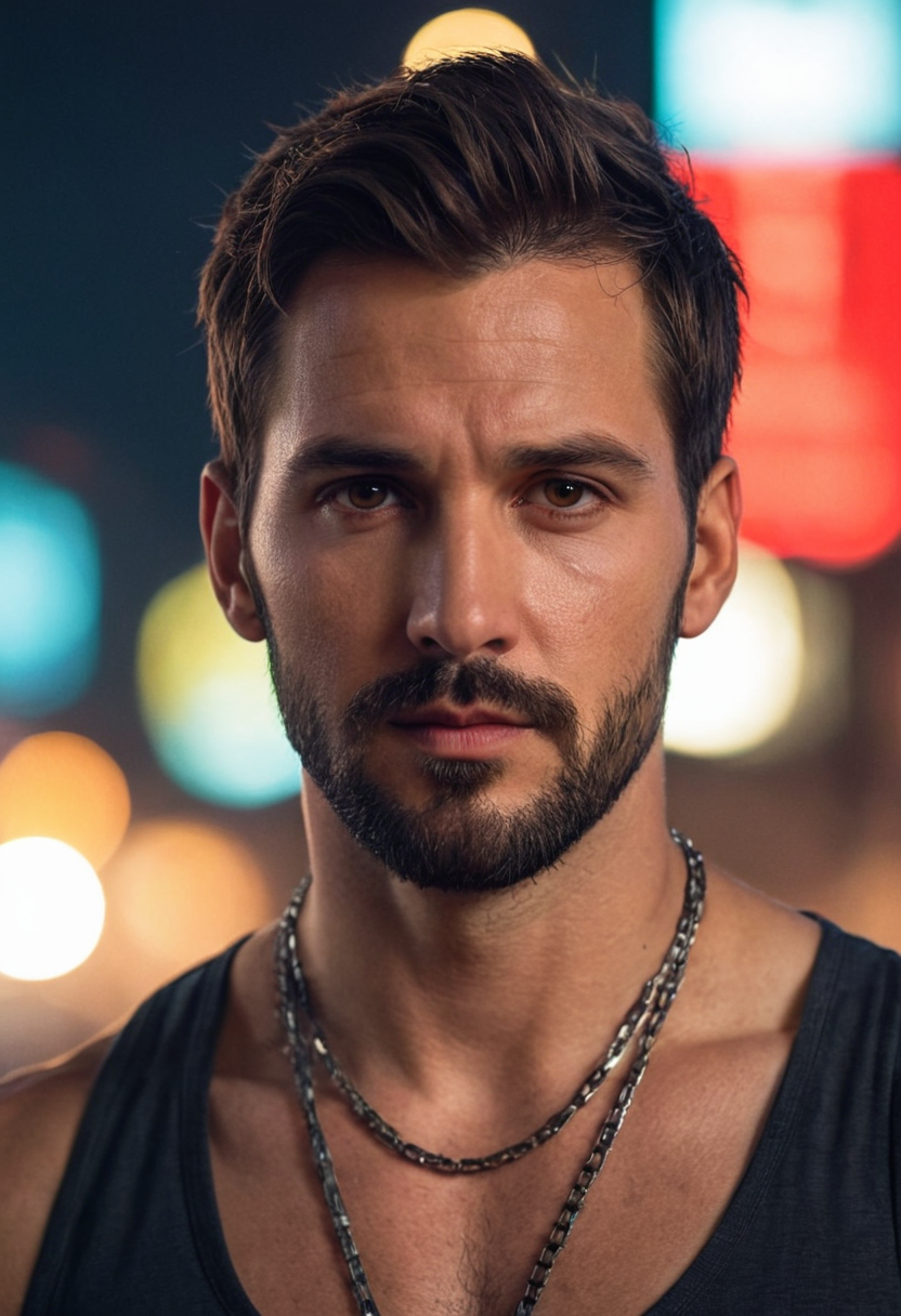 digital painting of a handsome masculine man with short dark messy hair, beard a