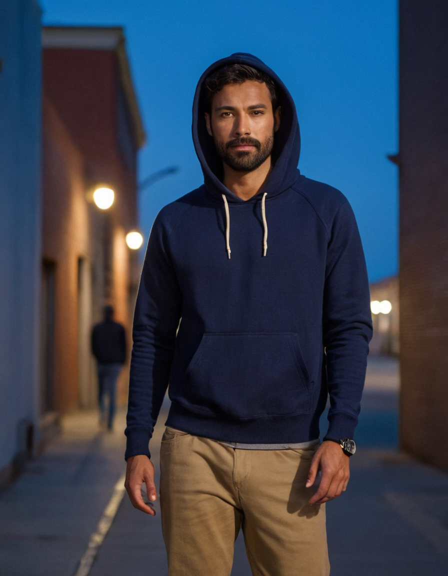 A an anonymous figure man with tan skin and a dark beard shadow stands in an urban alleyway at dusk. He has short, wavy hair and is dressed in loose-fitting jeans and a navy hoodie, his muscular yet natural proportions evident through the casual attire. The warm street lights cast soft shadows over his well-defined chest and arms, creating a dramatic lighting effect that emphasizes his athletic build. Background elements include graffiti on nearby walls and passersby hurrying past him as night falls. Photoreal photography capturing an editorial portrait.. Scene and lighting from reference: The art medium/rendering style of this image appears to be photoreal photography with a vibrant and artistic composition. The subject is a shirtless man standing against a bright blue background, which contrasts sharply with his skin tone and dark shorts. His pose suggests confidence; he has one hand on his head and the other resting near it, conveying a relaxed yet assertive demeanor. The color palette is bold and diverse, featuring reds from th, 人种: optional; 胡须: none; 姿势: standing, hand on head, relaxed; 画幅比例: 980:1247 aspect ratio, vertical portrait orientation, 896x1152 canvas, alternate camera angle, natural ambient light, candid unretouched framing, German man, fair skin, strong brow ridge, lean cyclist legs