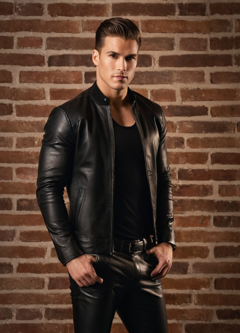A full-body shot of a young adult male model in an upscale fashion studio, emphasizing his muscular physique and confident demeanor. He wears formal leather pants with intricate embellishments and a black jacket that complements the sophisticated setting. The lighting is dramatic, casting strong shadows to accentuate muscle definition and symmetry. A minimalist white background highlights the rich tones of the leather and skin. Warm, golden light from an elevated angle creates elegant silhouettes and enhances the masculine aesthetic.. Scene and lighting from reference: The reference image showcases a handsome male subject in an urban setting against a brick wall backdrop. The lighting is dramatic and moody, with strong shadows creating depth and contrast. The subject's pose is relaxed yet confident, leaning casually against the wall while holding one arm across his chest. His body type is athletic and muscular, emphasizing strength and masculinity. The color palette is monochromatic, giving a classic and timele, alternate camera angle, natural ambient light, candid editorial framing