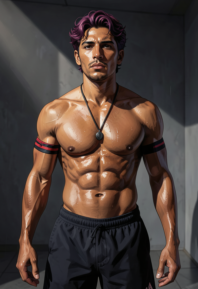 freshly generated candid Xiaohongshu lifestyle photo, brand new full-body composition with a different pose, camera angle and background, both hands relaxed, not a mirror selfie, not a copy of any reference image, shirtless, shirtless (no shirt, tank, hoodie, or jacket), black cord necklace with dark pendant hanging over bare chest, red-and-black band on left upper arm, highly muscular chest and shoulders, defined abdominal muscles, visible pectoral definition, authentic social-feed lifestyle mood, reference lighting and color treatment: digital illustration with painterly brushwork, dramatic directional lighting from upper left casting strong shadows on right side of face and torso, high-contrast highlights on wet skin and sweat, medium-brown skin tones, reddish-purple hair, black accessories (necklace, same aesthetic theme and photo feel as the reference but a different man in a different pose with distinct body proportions, Mexican man, bronze skin, strong jaw, thick wavy hair, soccer-player lean legs, a single uninterrupted photograph only, no written words or typography anywhere in frame, no captions, no app UI, no social-media post layout, no screenshot borders