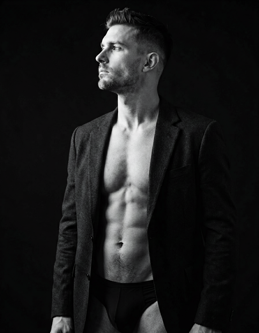 A handsome white man in his thirties with short dark hair styled upward and fade sides, featuring light stubble on a defined jawline. He wears an open dark blazer revealing bare chest and collarbones while facing left in profile with head tilted up slightly against a deep black studio void. Dramatic chiaroscuro side-lighting from the left creates high-contrast monochromatic tones of deep blacks and bright highlights, casting his right shoulder into shadow for an intimate cinematic atmosphere., wearing underwear or swim trunks, covered genitals, no frontal nudity