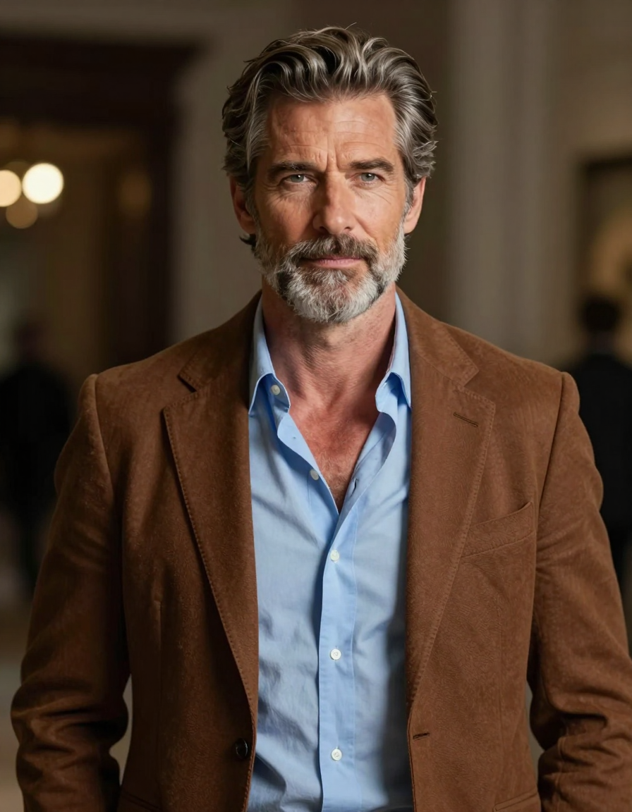 A handsome mature Caucasian man with salt-and-pepper swept-back hair and a trimmed gray beard stands centered in an upper chest portrait. He wears a brown tailored blazer open over a light blue button-down shirt unbuttoned to reveal his bare sternum, collarbone, and defined pectorals. His broad shoulders relax against dark architectural elements while warm bokeh lights glow softly on the left background. High-resolution editorial photography with shallow depth of field captures cinematic lighting that emphasizes skin texture and fabric weave in a refined indoor gallery setting., a single uninterrupted photograph only, no written words or typography anywhere in frame, no captions, no app UI, no social-media post layout, no screenshot borders