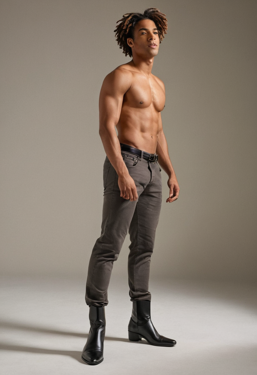 A mixed Afro-Latin man with caramel skin and locs poses in a dancer's posture, standing confidently against the neutral gray background of Florence's modern studio space. Soft dramatic lighting highlights his long limbs and lean form without harsh shadows or highlights, emphasizing his masculine physique in black boots and gray pants tied at the waist. The color palette is warm earth tones complemented by natural light filtering through old city streets. Photoreal editorial photography capturing masculine fine-art aesthetics.. Scene and lighting from reference: The art medium of this image appears to be photoreal photography. The background is dark and neutral, likely black or deep gray, which helps highlight the subject. The lighting is soft yet directional, casting subtle shadows that accentuate the muscular definition in the subject’s physique. The subject's pose is confident and direct, with a slight tilt forward, showcasing his well-defined abs and chest muscles. He wears low-rise jeans that reveal, 人种: optional; 画幅比例: 736:1077 aspect ratio, vertical portrait orientation, 832x1216 canvas