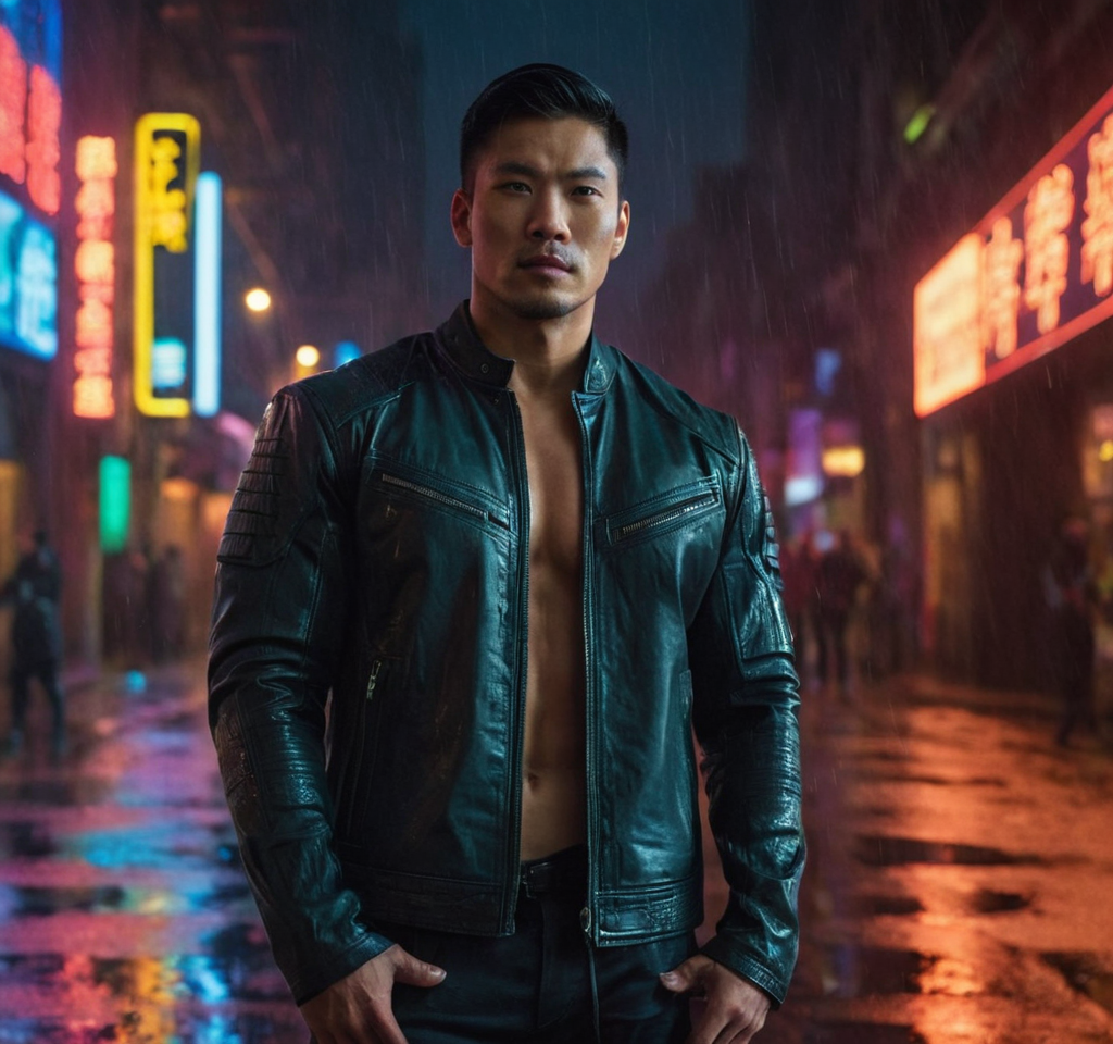 Asian man standing confidently in a cyberpunk cityscape, shirtless with defined abs and chest muscles, wearing a dark leather jacket that is unzipped to reveal his upper body, standing under neon green and blue lights casting dramatic shadows on wet pavement, rain-soaked urban environment with reflective signs and holographic advertisements all around, cool metallic lighting creating glossy sheen on skin, 85mm lens capturing full-body pose emphasizing strength and movement, 60:59 aspect ratio horizontal landscape orientation. Scene and lighting from reference: The image features a single masculine male subject in a cyberpunk-inspired setting. The subject has a muscular build and is shirtless, showcasing his defined abs and chest muscles. He wears a dark, unzipped jacket that reveals his upper body. His pose is confident and slightly angled towards the camera, with one hand partially visible near his waist. The lighting is dramatic, with high contrast and focused illumination on the subject's torso, cre, alternate camera angle, natural ambient light, candid editorial framing