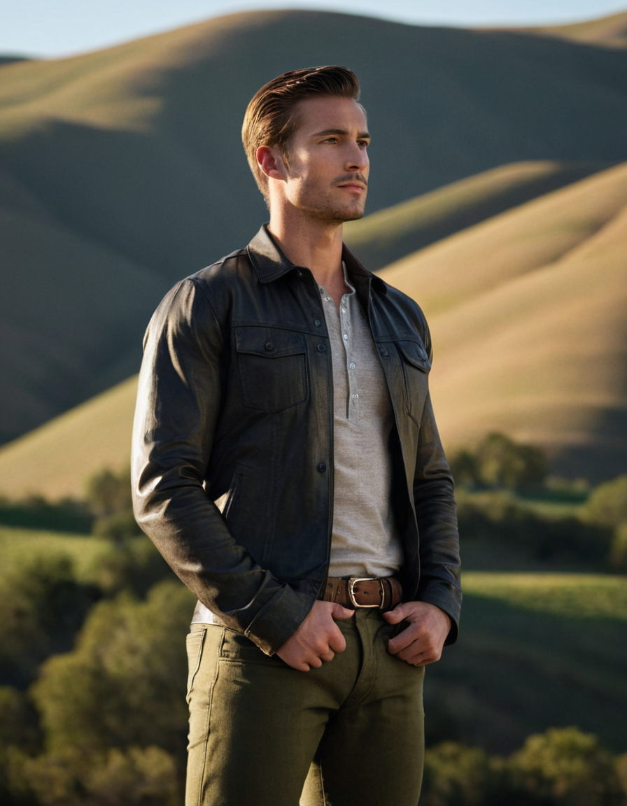 A strong an anonymous figure man stands outdoors in late afternoon, hands together at chest level, dressed in a striped button-up shirt and olive green pants with a brown belt. The background features rolling hills under a clear sky, soft golden light casting warm shadows on his natural skin tone. Camera captures full-body composition highlighting symmetry.. Scene and lighting from reference: The reference image showcases a handsome an anonymous figure man in a full-body shot against a stark black background. The subject has an athletic physique with defined muscles and a natural skin tone. He wears a stylish leather jacket that is unzipped, revealing his chest adorned with subtle tattoos. His pose is relaxed yet confident, with hands casually tucked into the pockets of his jeans. The lighting is dramatic, with soft shadows accentuati
