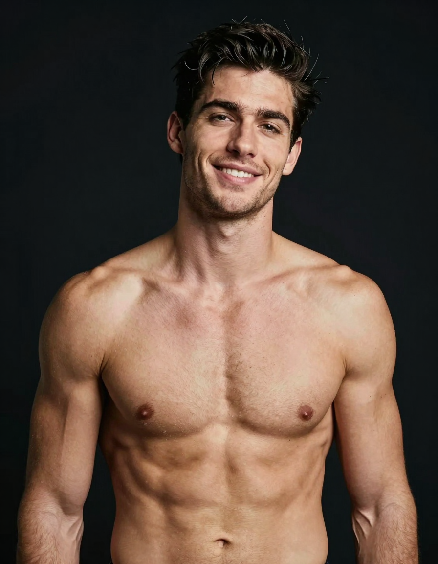 A handsome white man with short dark hair and a side parting stands shirtless against a deep black studio background. His clean-shaven face offers a slight smile while maintaining direct eye contact, framed in an upper torso shot with a subtle head tilt. Soft directional lighting sculpts his broad shoulders, defined pectorals, and visible abdominal definition into high contrast monochrome tones. The composition is centered vertically on the canvas, capturing neck to chest without distraction, evoking an intimate confident mood typical of masculine editorial fine art photography., shot on iPhone 15 Pro main camera, authentic smartphone computational photography, natural Smart HDR and true-to-life skin texture, vertical 9:16 Xiaohongshu lifestyle feed, bright clean everyday scene, unretouched phone photo with subtle sensor grain, trendy Chinese internet 网红 aesthetic, candid influencer energy, a single uninterrupted photograph only, no written words or typography anywhere in frame, no captions, no app UI, no social-media post layout, no screenshot borders