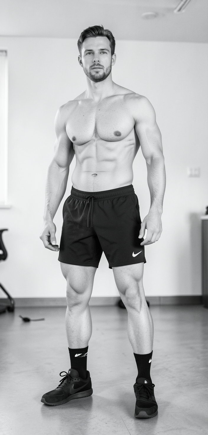 freshly generated candid Xiaohongshu lifestyle photo, brand new full-body composition with a different pose, camera angle and background, both hands relaxed, not a mirror selfie, not a copy of any reference image, shirtless, black Nike athletic shorts, black Nike socks, black Nike sneakers, thick thighs, defined abs, broad shoulders, authentic social-feed lifestyle mood, reference lighting and color treatment: photography, bright indoor lighting, monochrome palette (black/white/skin), fitness-focused atmosphere, same aesthetic theme and photo feel as the reference but a different man in a different pose with distinct body proportions, German man, fair skin, strong brow ridge, lean cyclist legs, a single uninterrupted photograph only, no written words or typography anywhere in frame, no captions, no app UI, no social-media post layout, no screenshot borders