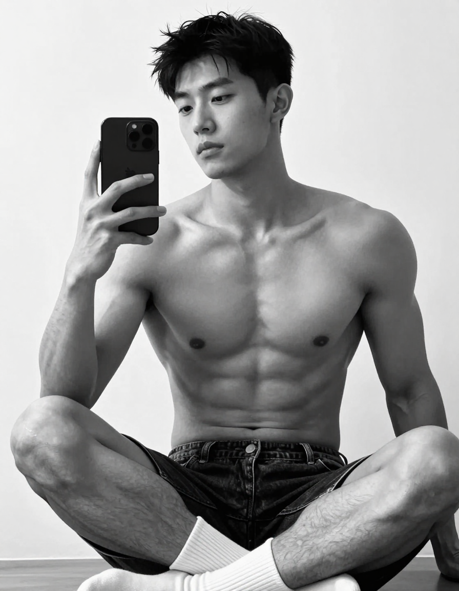 A lean Korean man with sharp jaw, monolid eyes, and slim swimmer build stands in contrapposto pose against a neutral white background. He is shirtless, showcasing his natural black hair and athletic physique without bodybuilder proportions. Dark blue jeans are visible at the bottom of the frame, emphasizing thick muscular thighs. The lighting from above creates deep shadows that highlight his defined abs and broad shoulders, creating an intimate and powerful visual. Photorealistic black and white portrait with dramatic lighting