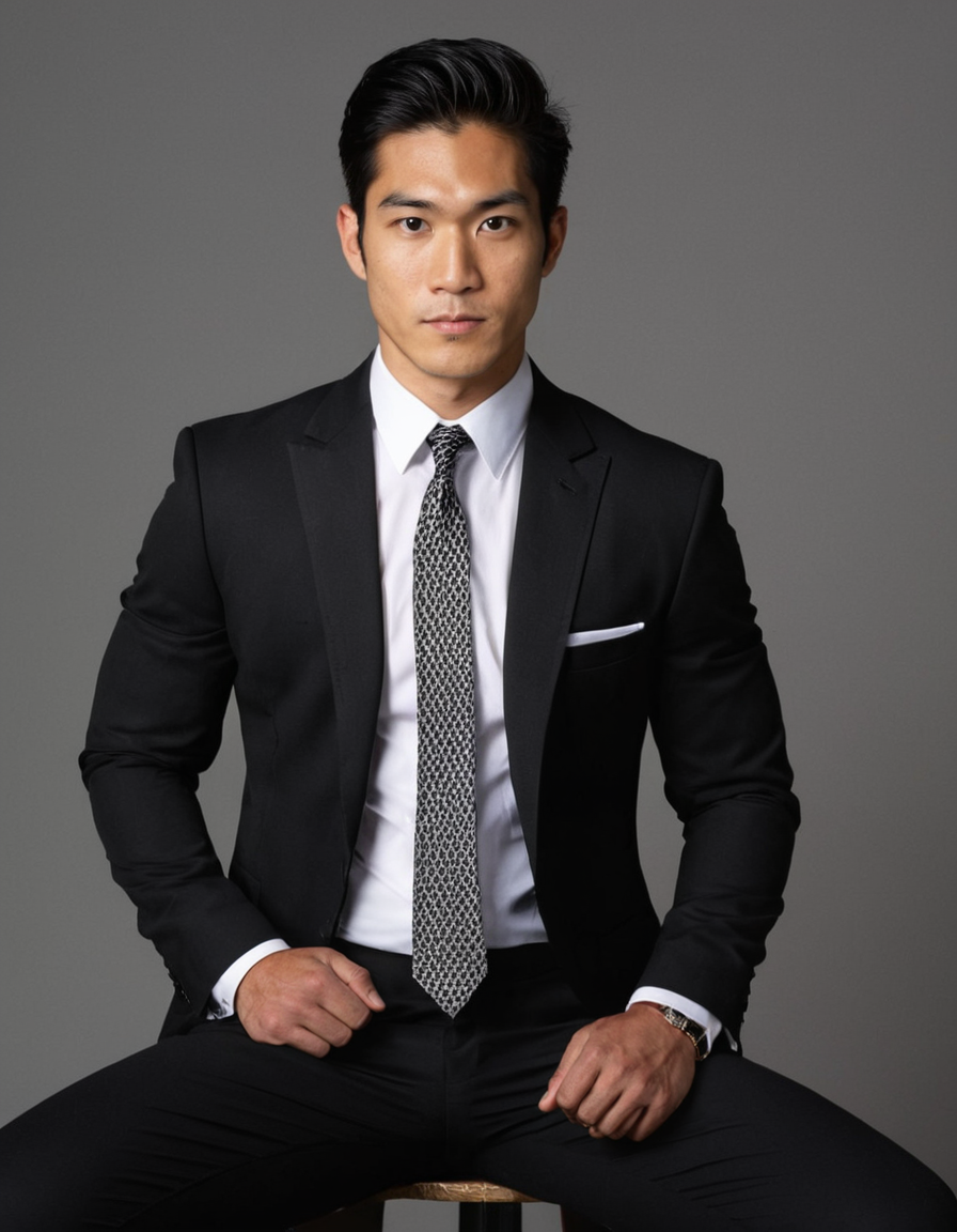 Asian male model seated with a torso-only crop, wearing a black suit jacket and white dress shirt, dark tie, and black trousers. The background is neutral gray, soft lighting highlights his broad shoulders and defined abs. Tack-sharp image quality, monochromatic black and white palette, professional and polished mood