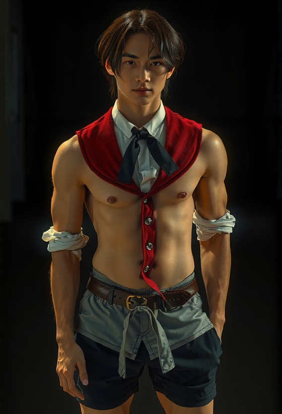 A Japanese man with soft masculine features stands shirtless, his straight black
