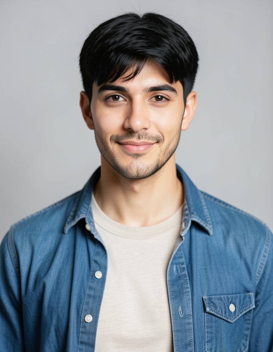 A handsome adult man with light-medium skin and black short hair styled in side-swept bangs stands facing forward. He wears a denim button-up shirt unbuttoned at the collar over a light-colored crew-neck t-shirt, revealing a lean build and smooth torso covered by fabric. Short stubble frames his face as he offers a slight smile with direct gaze into the lens. The composition is a centered head-and-shoulders portrait cropped from upper chest to top of head against a plain studio background lit by soft even light that creates shallow depth of field blur