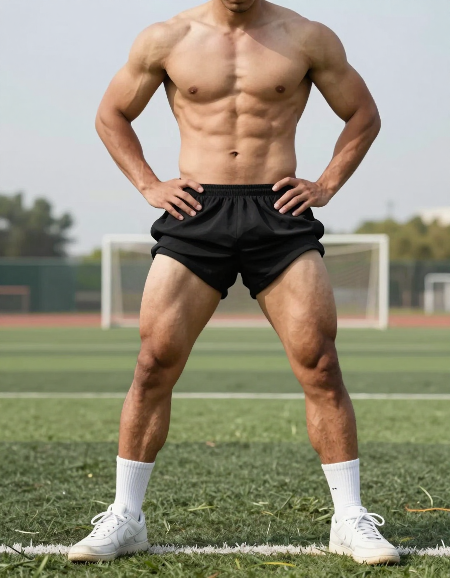 Photoreal photograph of a shirtless man standing on a soccer field with legs apa