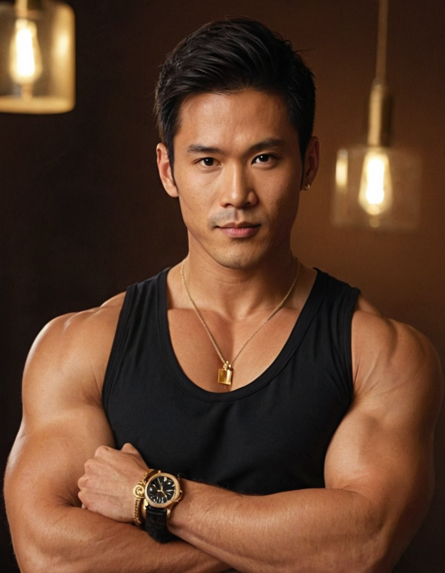 shirtless man with muscular build, arms crossed over chest, hand resting on fur 