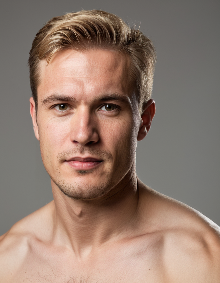 A handsome caucasian man with short blond hair featuring a side parting and fade sides stands in a high-key studio portrait. He has light stubble on his face and maintains a neutral gaze forward while facing the camera directly. His upper torso is shirtless, revealing broad shoulders and defined pectorals against a seamless light gray backdrop. The composition centers from his upper chest to forehead with arms resting naturally at his sides in an editorial pose. Softbox frontal fill lighting creates even key illumination on fair skin tones without harsh shadows., shot on iPhone 15 Pro main camera, authentic smartphone computational photography, natural Smart HDR and true-to-life skin texture, vertical 9:16 Xiaohongshu lifestyle feed, bright clean everyday scene, unretouched phone photo with subtle sensor grain, trendy Chinese internet 网红 aesthetic, candid influencer energy