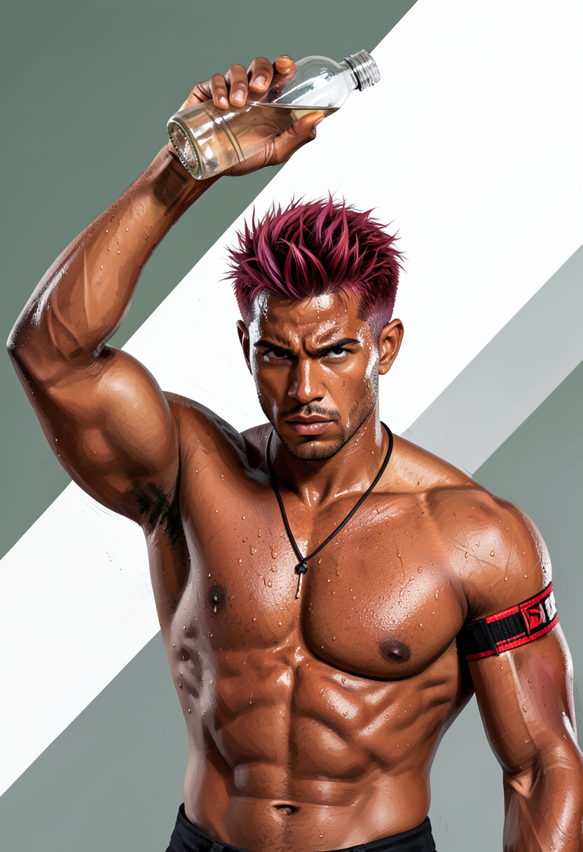 A striking medium-brown skinned man with short spiky reddish-purple hair and swe