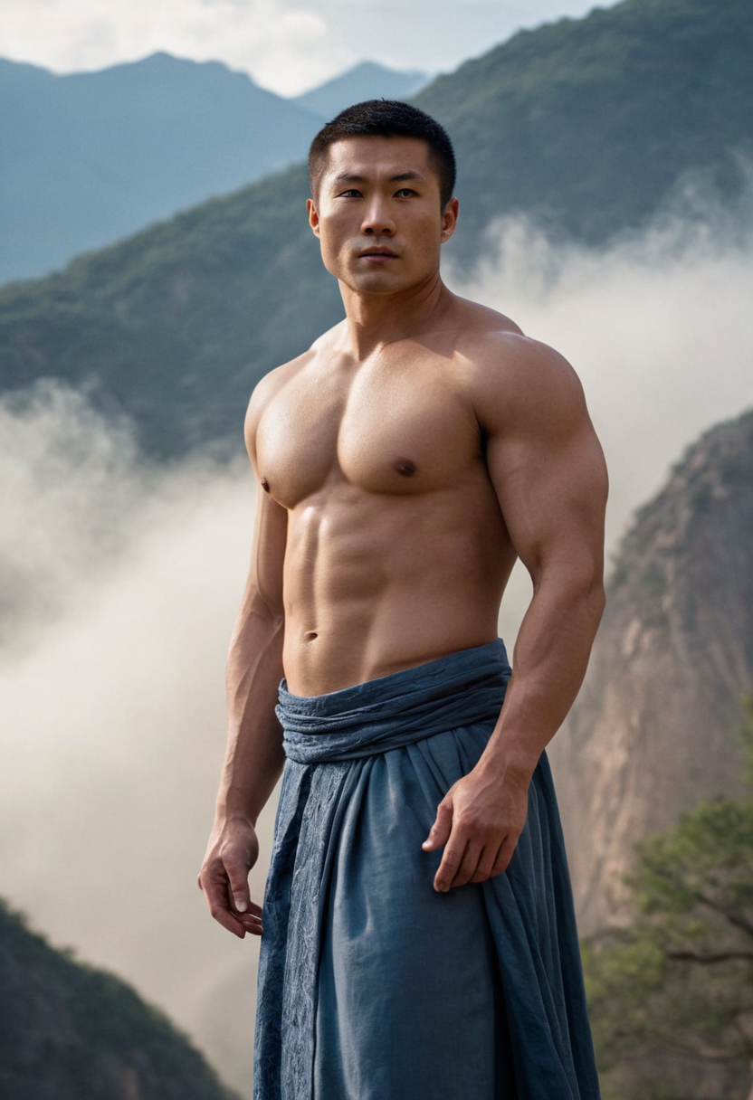 A muscular Asian man in elegant Chinese robes standing against a backdrop of misty ink wash mountains, his serious expression and confident pose adding to the overall elegance; soft diffused light highlights the intricate details of the robe patterns and emphasizes the natural curves of his physique. Scene and lighting from reference: The reference image depicts a shirtless man with a muscular build and short dark hair, standing against a plain wall that appears slightly damp, suggesting he may have just emerged from water. The lighting is soft yet dramatic, casting subtle shadows across his body and highlighting his physique. His expression is serious or contemplative. ### Environment & Background:
The background is simple—a plain, textured wall with a cool blue tone. This mi