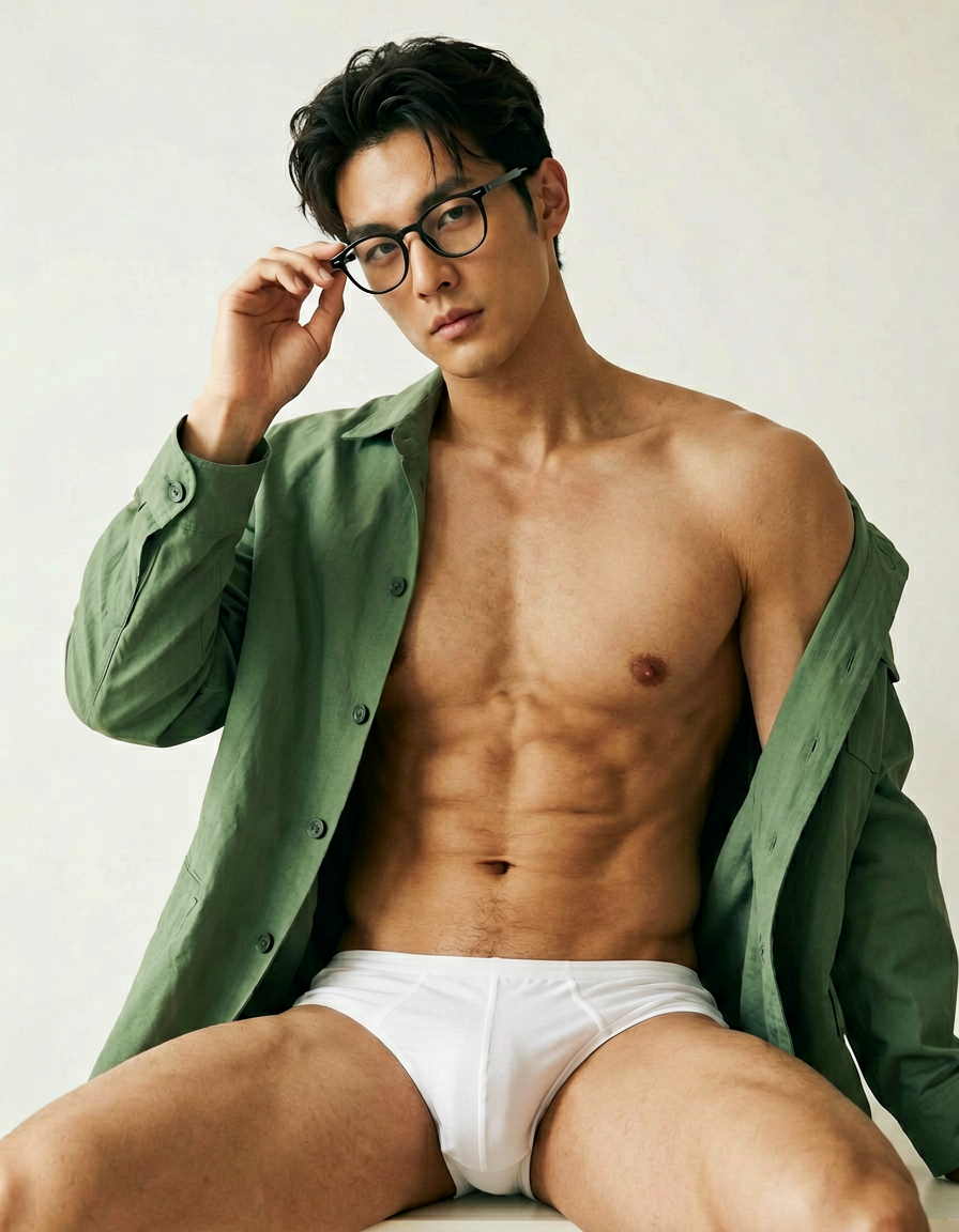 A stylish and artistic portrait of a handsome man with glasses, seated and holding them near his face with one hand, head slightly tilted. He has a bare chest and broad shoulders, wearing a white undershirt visible under a green jacket. The background is minimalistic and neutral, with soft lighting that highlights the muted palette of greens, whites, and skin tones. The image is cropped to torso-only, capturing his defined abs and structured appearance in a photorealistic fashion