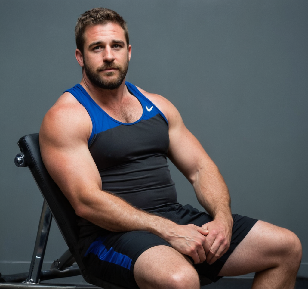 A big hairy stocky masculine man seated on gym equipment, mid-torso to upper thighs centered. He wears a black Nike tank top with white swoosh and black athletic shorts with blue side stripes. His right hand grips the handlebar while his left arm rests near his thick thigh. Warm rugged lighting emphasizes dense body hair and meaty chest against a gray wall background. Vertical portrait captures broad shoulders, defined biceps, triceps, and thick thighs in a bear energy aesthetic
