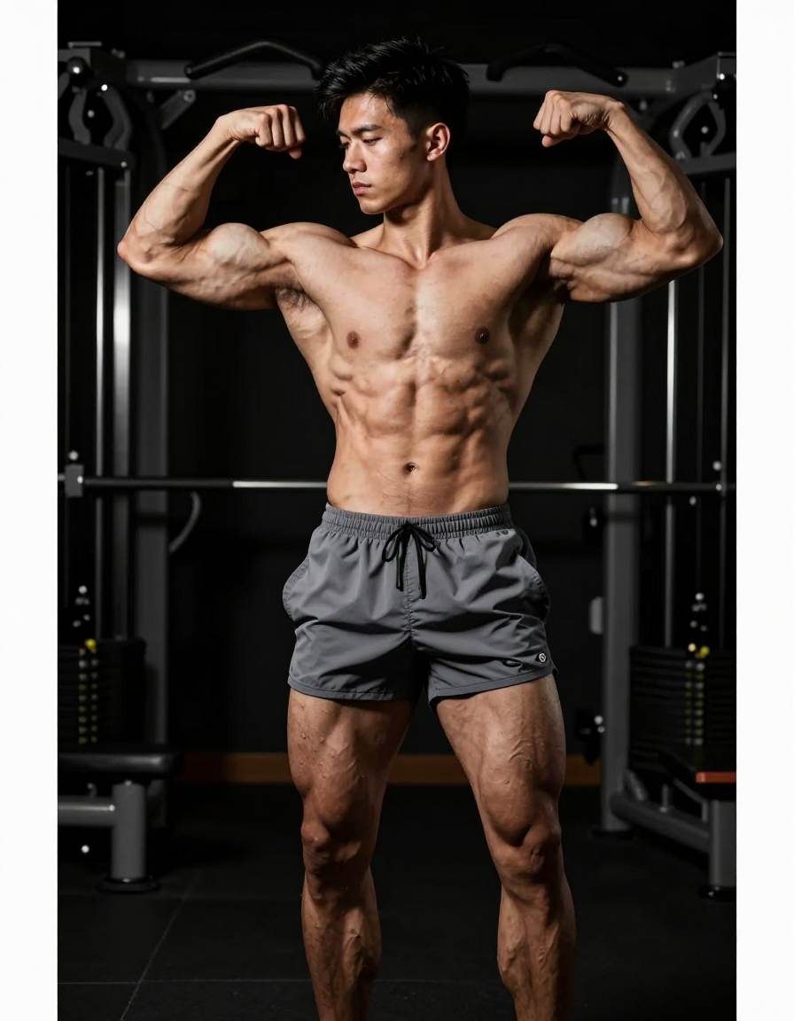 A handsome athletic man standing with one arm flexing his bicep and the other extended to the side, shirtless with gray athletic shorts. The scene has a full body shot, showing defined abs and thick muscular thighs. The background is dark with dramatic lighting and high contrast, highlighting the subject's muscles. Gym equipment can be seen in the background. The composition is cropped for a 3:2 aspect ratio (1216x832 canvas), capturing the essence of an editorial fitness photograph., a single uninterrupted photograph only, no written words or typography anywhere in frame, no captions, no app UI, no social-media post layout, no screenshot borders