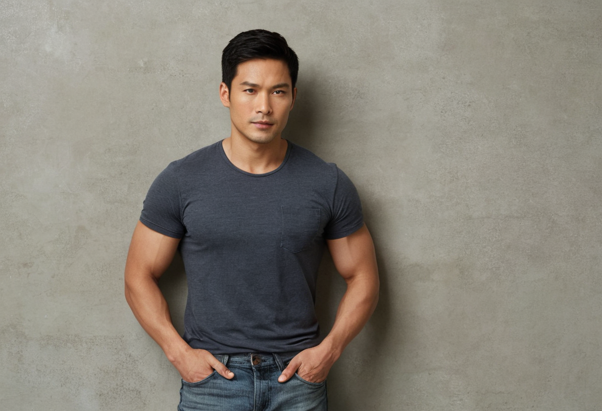 A handsome Asian man with short black hair and brown eyes, standing straight aga