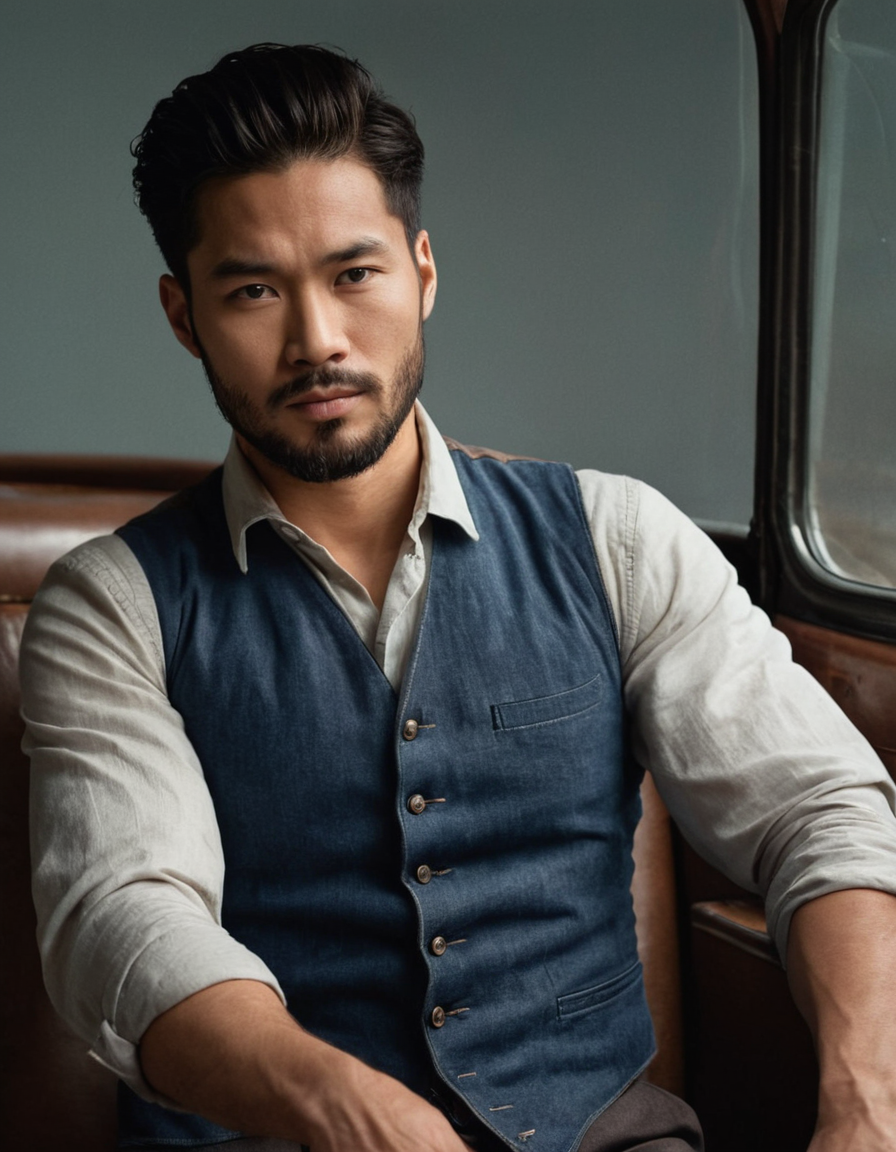 An Asian man standing confidently against a stark white background, dressed in a long, textured overcoat and tailored trousers. The dramatic chiaroscuro lighting enhances the sculptural quality of his muscular build, creating striking contrasts between light and shadow. His relaxed yet confident pose with hands tucked into trouser pockets highlights elegance and strength.. Scene and lighting from reference: The image depicts a single masculine figure with a beard and curly hair, wearing a denim shirt and suspenders. He is seated in what appears to be an old-fashioned vehicle, gripping the steering wheel with one hand while his other arm rests on the dashboard. The lighting is dramatic, creating strong contrasts between light and shadow, typical of chiaroscuro techniques often seen in classical Western paintings. The color palette is muted, dominated, alternate camera angle, natural ambient light, candid editorial framing