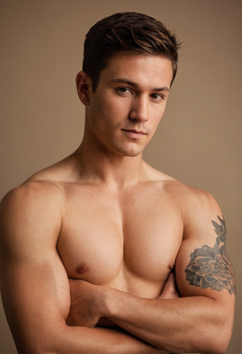A muscular young man with short brown hair stands shirtless against a neutral ba
