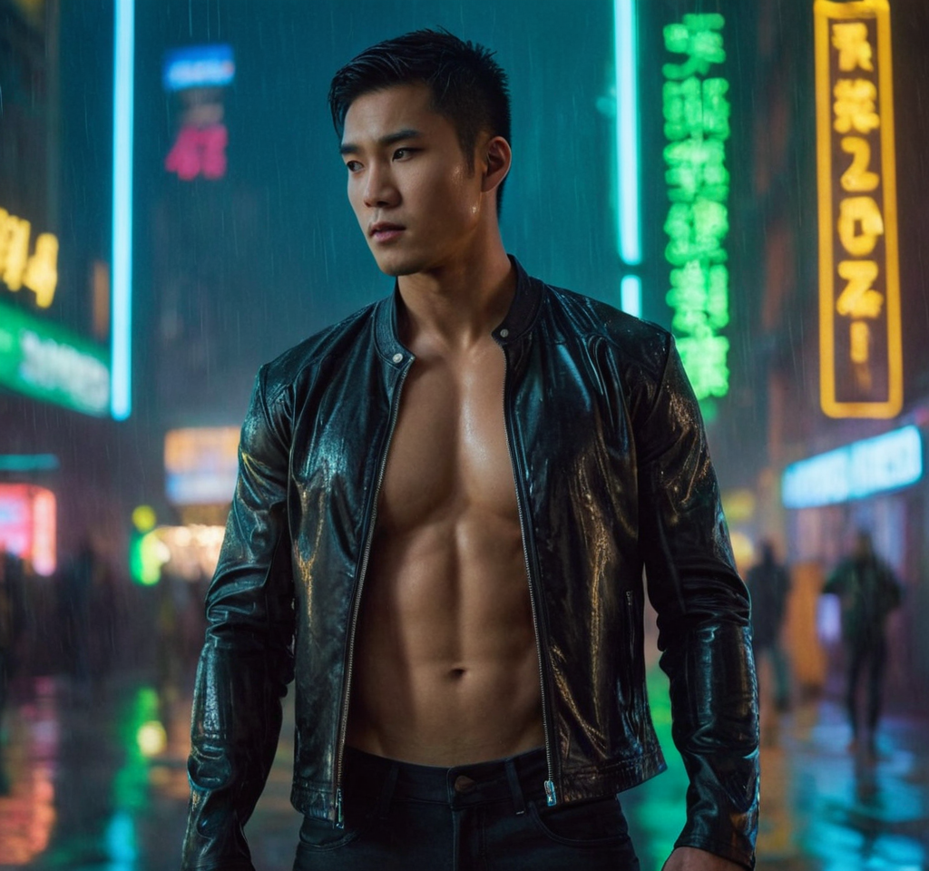 Athletic young Asian man standing in a rain-drenched cyberpunk metropolis, wearing a black leather jacket and tight jeans, showcasing defined abs and chest muscles through the unzipped jacket, standing under high-contrast neon blue and green lights casting deep shadows on wet streets, reflective signs and holographic billboards adding futuristic ambiance, dynamic full-body pose with arms slightly raised towards camera, emphasizing strength and readiness for action, cool metallic lighting highlighting muscular physique. Scene and lighting from reference: The image features a single masculine male subject standing outdoors in what appears to be an urban environment with a futuristic cyberpunk aesthetic. The background includes blurred buildings and possibly holographic elements, suggesting a high-tech setting. The lighting is soft and diffused, likely from overcast skies or ambient light sources, creating a moody atmosphere. The color palette consists of muted tones, primarily grays and blues, whi, alternate camera angle, natural ambient light, candid editorial framing