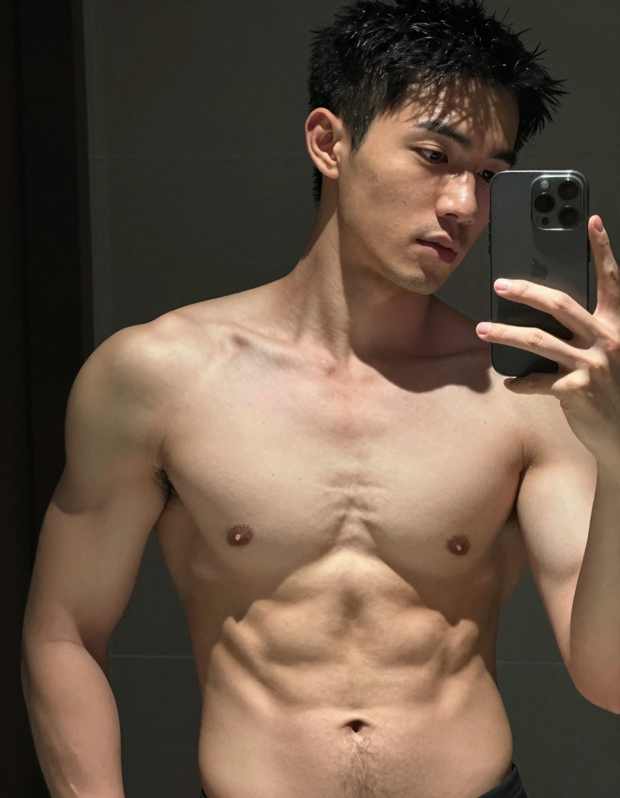 A handsome masculine man standing with a slight lean forward, shirtless, with de