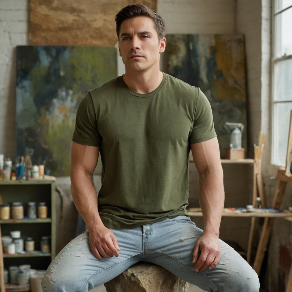 A shirtless man stands in an artist's studio with a palette and brush, wearing paint-splattered jeans. The background includes shelves of art supplies, an easel set up near a window, and various paintings on the wall. Soft diffused light from natural sources highlights his muscular physique, casting delicate shadows that enhance his form. The composition is captured in high fashion editorial style with dramatic lighting, emphasizing a confident and relaxed pose.. Scene and lighting from reference: Single male subject in a full-body shot against a scenic backdrop of mountains and a forested area with a body of water in the distance. The lighting appears natural, likely during daytime, with soft shadows suggesting an overcast sky or diffused sunlight. The color palette is earthy and muted, dominated by greens from the foliage and blues from the sky and distant peaks. The subject is seated on a rock, wearing a dark t-shirt and olive-green sho, alternate camera angle, natural ambient light, candid editorial framing