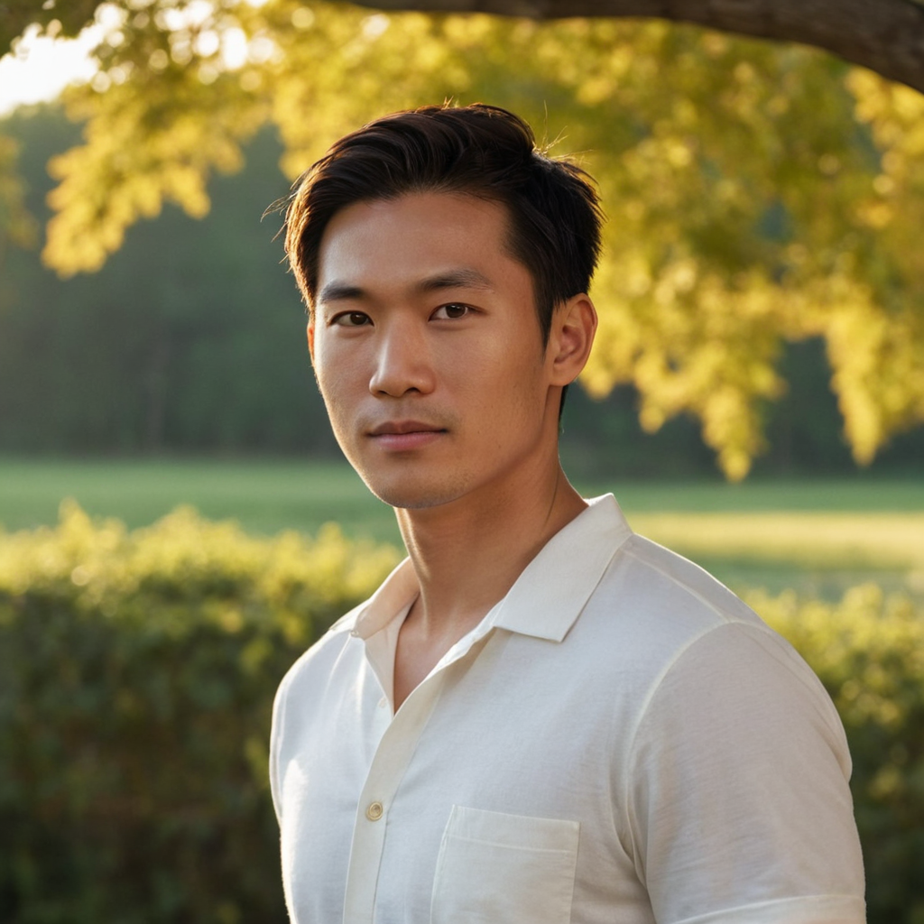A handsome Asian male in his mid-twenties stands confidently on an open road at sunset, dressed casually in a plain white t-shirt and jeans. The soft cinematic lighting bathes the scene, creating deep shadows that highlight his chiseled facial features and toned physique. Short hair is slicked back neatly, emphasizing his athletic build and muscular shoulders. A blurred landscape of trees frames the background, with warm oranges and yellows dominating the color palette in a fine-art tone. 1:1 aspect ratio.. Scene and lighting from reference: A handsome masculine male stands in an outdoor setting during what appears to be late afternoon or early evening, judging by the soft golden light and long shadows. The background features blurred trees with autumnal foliage, suggesting it might be fall. The subject is positioned near a railing that curves around a body of water, possibly a pond or small lake. The man has short dark hair styled neatly and wears a crisp white button-down shirt tuc
