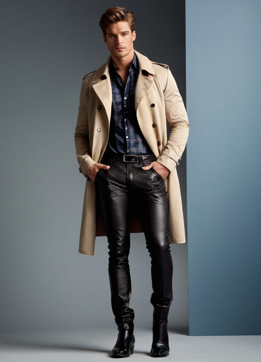 A dynamic full-body shot of a young adult male in an editorial fashion setting, capturing his masculine essence. The model wears formal leather pants and a detailed black jacket with embellishments, paired with glossy boots. He stands confidently with one arm extended, while the other hand rests near his waist. Soft window light from the side creates natural shadows that highlight muscle definition and symmetry. A sophisticated charcoal background enhances the deep contrast between light and shadow. The camera angle is slightly elevated to emphasize his elegant silhouette.. Scene and lighting from reference: The reference image showcases a muscular male subject in a full-body shot against a deep blue studio backdrop. The lighting is dramatic and focused on highlighting the subject's physique, creating shadows that accentuate his form. The subject is shirtless, revealing well-defined muscles, and wears a light-colored trench coat partially unbuttoned to reveal a plaid shirt underneath. He pairs this with fitted brown trousers and polished black shoes.