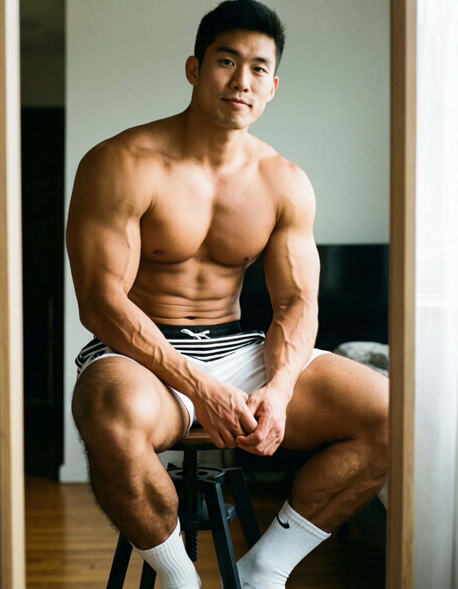 A handsome young Asian man seated on a stool in front of a mirror, shirtless with white socks and shorts featuring black stripes at the top. The subject has defined abs, thick muscular thighs, and vascular arms, showcasing an athletic soccer-player build. Soft indoor lighting highlights his upper body against a neutral background that includes part of a wooden floor and room interior. The composition is a torso-only crop with tack-sharp focus on the muscular physique, capturing a casual and relaxed mood
