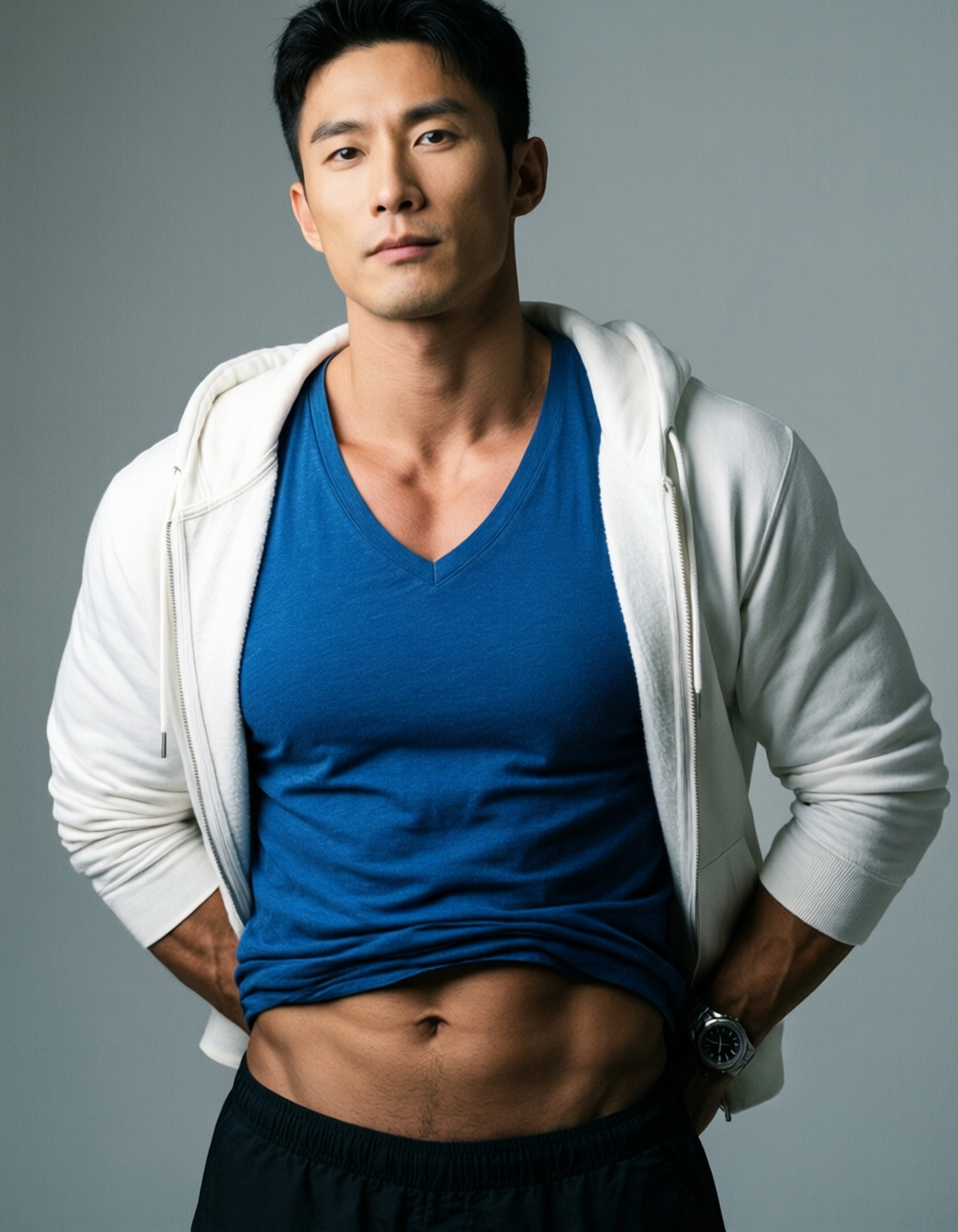 A handsome Asian man standing with his torso slightly angled to the side, hands behind his back, shirtless except for a blue V-neck t-shirt partially covering his midriff and a white hoodie draped over his shoulders. The image captures defined abs and broad shoulders in soft lighting against a neutral gray background, focusing on the subject's physique in a romantic aesthetic. The pose is structured and authoritative, with an emphasis on natural beauty and self-discovery