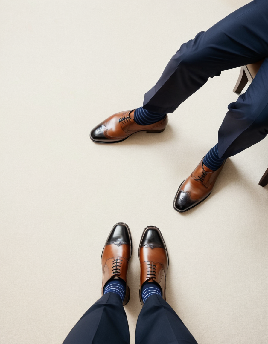 High-angle anime style close-up of a polished adult man's lower legs and feet st